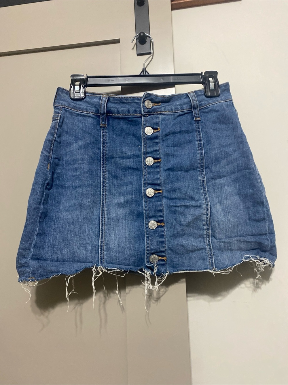 PacSun Blue Denim Button-Front Mini Skirt with Frayed Hem